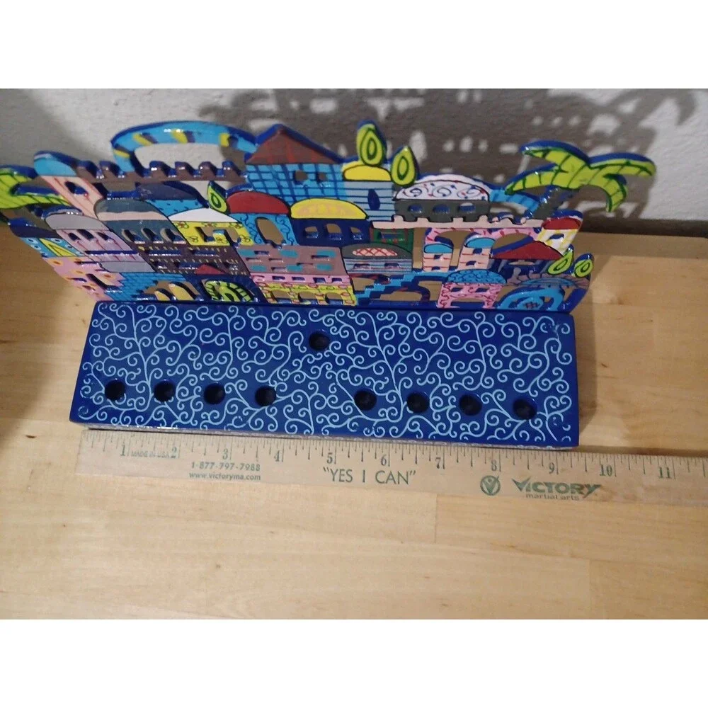 Laser Cut Hand Painted Hanukkah Jewish Menorah Jerusalem Chanukah Yair Emanuel